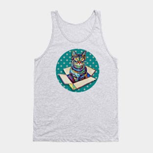 Turquoise Teal Psychedelic Cat in a Box Tank Top